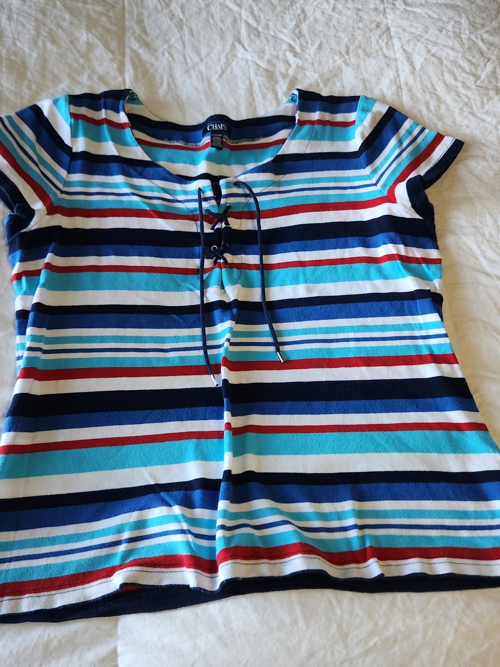 Chaps Girls' Navy, Light Blue, Red & White Striped Lace-Up Tee